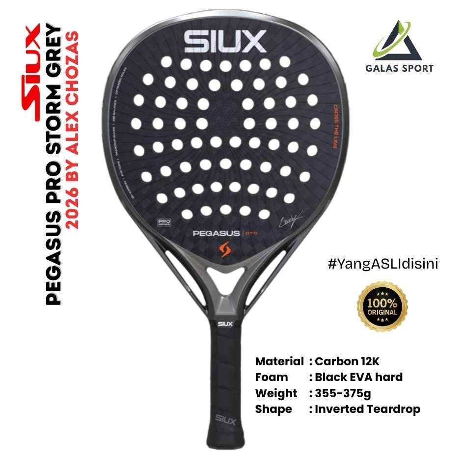 Siux Pegasus Pro 2026 Strom Grey Carbon 12K (inverted Teardrop) by Alex Chozas Racket/Raket Padel (Salinan)