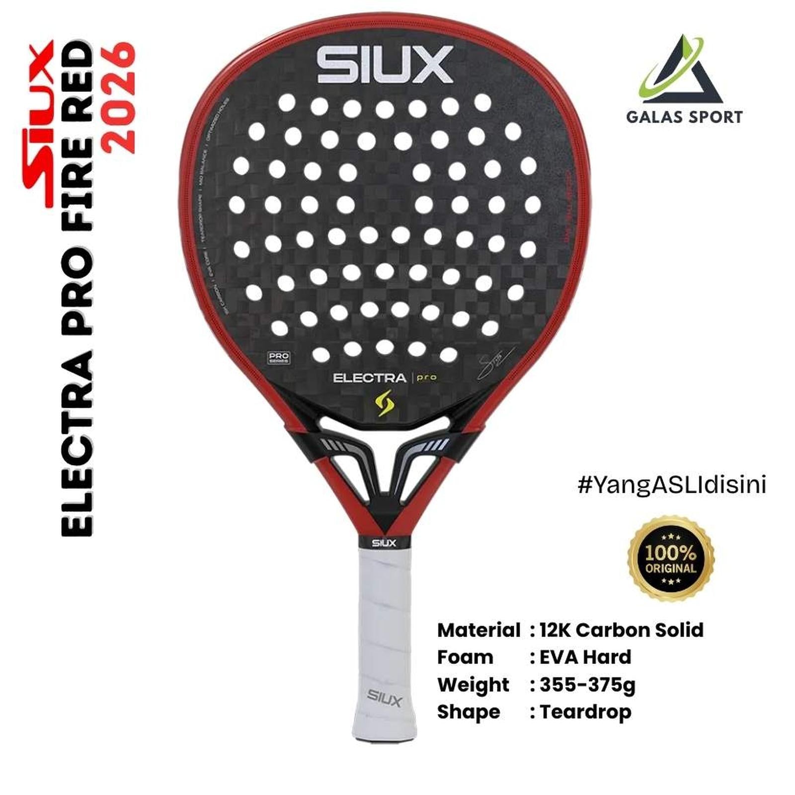 Siux Electra Pro Carbon 12K (Teardrop) 2026 Fire Red Racket/Raket padel