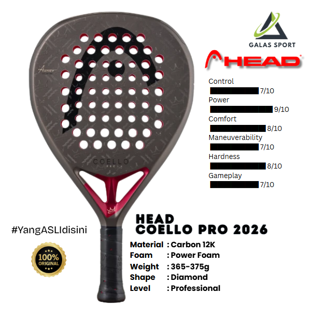 HEAD Coello Pro 2026 Carbon FIberGlass Racket/Raket padel